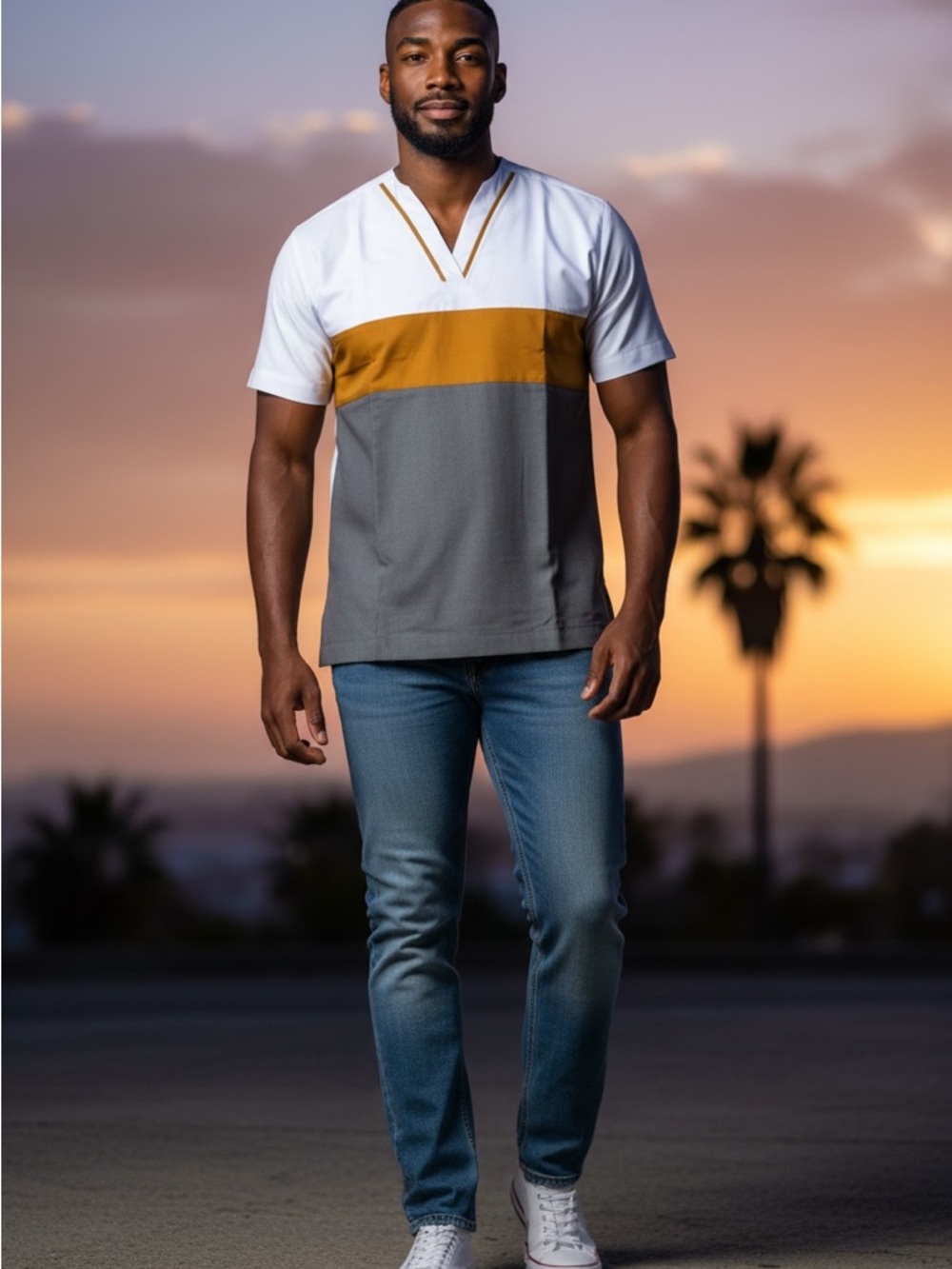 African Men's V-Neck Short Sleeve Shirt in White, Mustard & Gray (003)